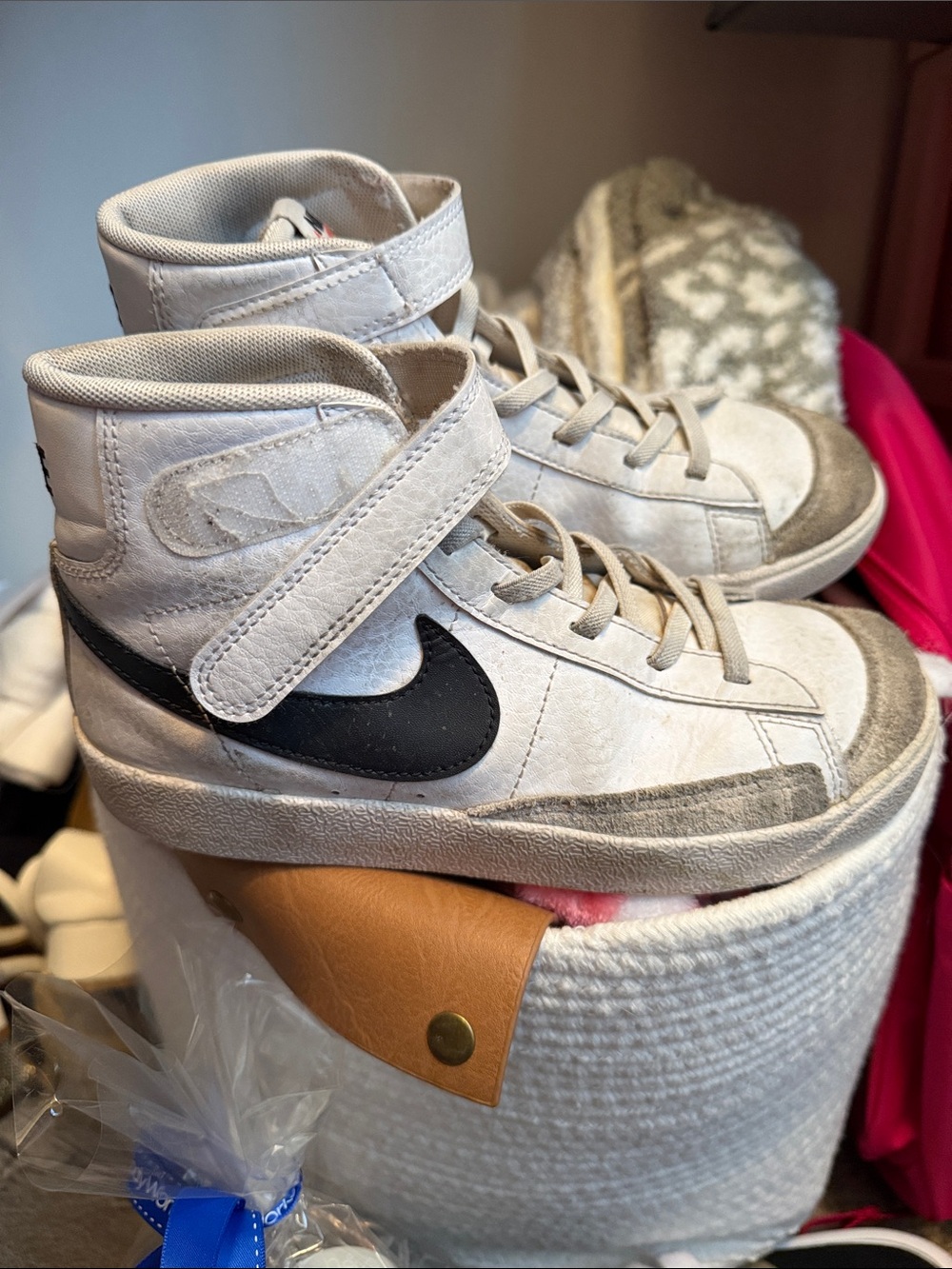Nike White High-Top Sneakers with Black Swoosh and Gray Accents